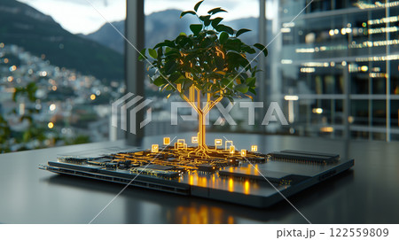 futuristic representation of tree growing from circuit board, symbolizing fusion of nature and technology. glowing branches and leaves contrast beautifully with urban backdrop, evoking sense of futuristic representation of tree growing from circuit board, symbolizing fusion of nature and technology. glowing branches and leaves contrast beautifully with urban backdrop, evoking sense of 122559809