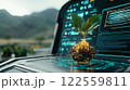 small seedling with vibrant green leaves emerges from futuristic, glowing base, symbolizing growth and innovation in technology. background features digital interface, enhancing theme of nature and 122559811