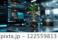 small plant with glowing roots is displayed in futuristic pot, surrounded by digital interfaces and technology. This image symbolizes fusion of nature and technology, showcasing innovation and 122559813