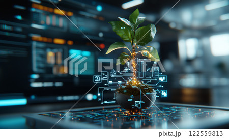 small plant with glowing roots is displayed in futuristic pot, surrounded by digital interfaces and technology. This image symbolizes fusion of nature and technology, showcasing innovation and small plant with glowing roots is displayed in futuristic pot, surrounded by digital interfaces and technology. This image symbolizes fusion of nature and technology, showcasing innovation and 122559813