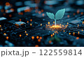 small seedling emerges from circuit board, symbolizing fusion of technology and nature. This vibrant image captures essence of growth and innovation in digital world 122559814