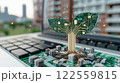 digital representation of plant growing from circuit board, symbolizing fusion of technology and nature. This image captures essence of innovation and sustainability in modern context 122559815