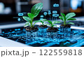 vibrant image of small plants sprouting from pots on digital circuit board, symbolizing fusion of nature and technology. scene conveys growth and innovation 122559818