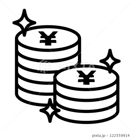 積み上げられたたくさんの円硬貨のアイコン。硬貨は光っています。 積み上げられたたくさんの円硬貨のアイコン。硬貨は光っています。 122559914
