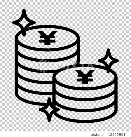 積み上げられたたくさんの円硬貨のアイコン。硬貨は光っています。 積み上げられたたくさんの円硬貨のアイコン。硬貨は光っています。 122559914