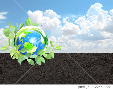 Earth in glass ball, green leaves on black soil. Ecology, go green, zero waste concept. Eco tourism, travel promoting environmental awareness, green living. Environment and conservation protection. 3d 122559999