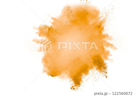 Orange cloud of dust is floating in the air. The dust is scattered in all directions, creating a sense of chaos and disorder. 122560072