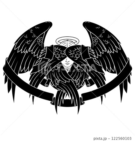 Angel with six wings and surrounded with ribbon 122560103
