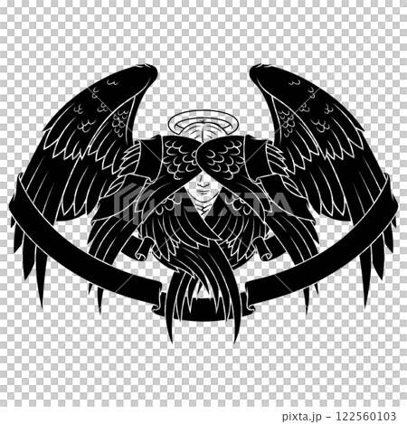 Angel with six wings and surrounded with ribbon 122560103