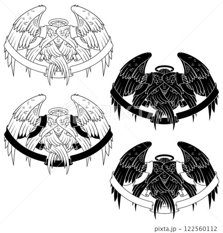 Angel with six wings and surrounded with ribbon 122560112