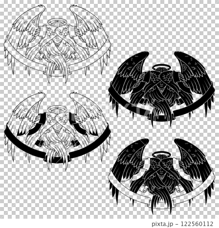 Angel with six wings and surrounded with ribbon 122560112