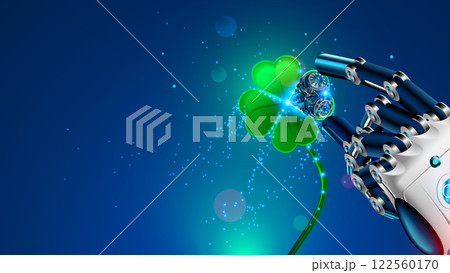 AI robot hand holds a four-leaf clover, symbol of good luck. Online bot brings good luck on betting, gambling and trading exchanges. Four leaf clover in arm humanoid cyborg or ai robot. internet bot. 122560170
