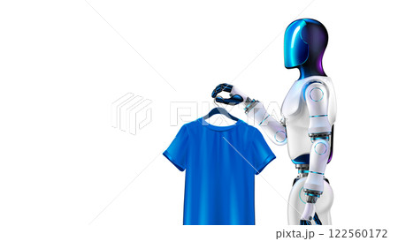 A humanoid robot with artificial intelligence or AI. A humanoid servant robot stacks laundry and hangs a T-shirt on a hanger. An anthropomorphic AI robot does housework holding clothes in his hands. A humanoid robot with artificial intelligence or AI. A humanoid servant robot stacks laundry and hangs a T-shirt on a hanger. An anthropomorphic AI robot does housework holding clothes in his hands. 122560172