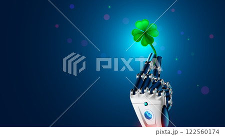 AI robot hand holds a four-leaf clover, symbol of good luck. Online bot brings good luck on betting, gambling and trading exchanges. Four leaf clover in arm humanoid cyborg or ai robot. internet bot. 122560174