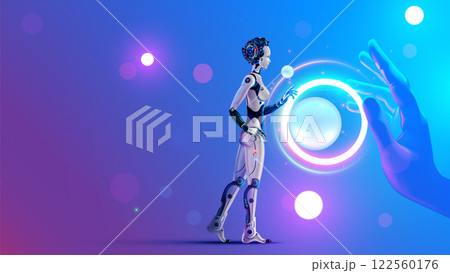 Woman robot, cyborg with AI analysis big data. AI or artificial intelligence learning concept. AI technology. Computer neural network training in image of female robot. Machine Deep learning AI Robot. Woman robot, cyborg with AI analysis big data. AI or artificial intelligence learning concept. AI technology. Computer neural network training in image of female robot. Machine Deep learning AI Robot. 122560176