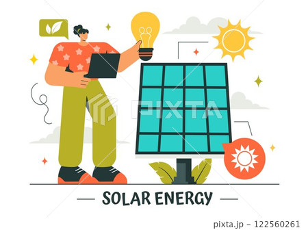 Solar Energy Installation Vector Illustration featuring a Home Service Team Maintaining Solar Panel or Wind Turbines for Electricity Network Operation 122560261