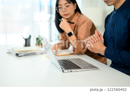 Business team using laptop and discussing a project in a workplace Business team using laptop and discussing a project in a workplace 122560402