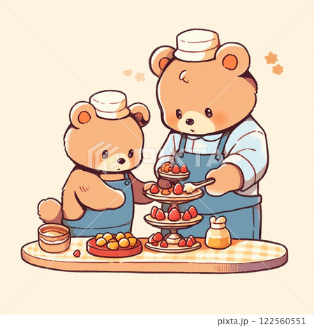 スイーツづくりに取り組むクマの親子 122560551