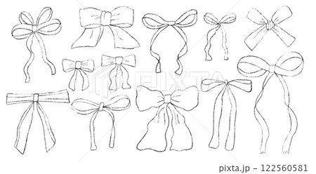 Crayon bow, ribbon set. Chalk drawing bands. Line stroke coquette aesthetic bowknots. Vector illustration isolated on white background. Crayon bow, ribbon set. Chalk drawing bands. Line stroke coquette aesthetic bowknots. Vector illustration isolated on white background. 122560581