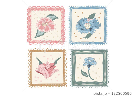 Floral square badge elements. Flowers isolated on white background. Vector hand drawn line art illustration Floral square badge elements. Flowers isolated on white background. Vector hand drawn line art illustration 122560596