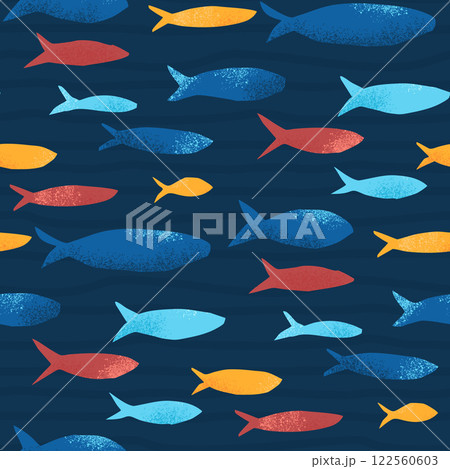 Fish seamless pattern. Sardines school allover background. Sea repeat cover. Underwater continuous ornament. Surface pattern design marine motif. Vector hand drawn illustration Fish seamless pattern. Sardines school allover background. Sea repeat cover. Underwater continuous ornament. Surface pattern design marine motif. Vector hand drawn illustration 122560603