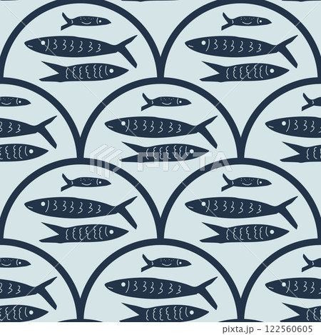 Fish scallop seamless pattern. Sardine stamp allover background. Anchovy repeat cover. Scandinavian stamp continuous ornament. Surface pattern design sea motif. Vector hand drawn illustration Fish scallop seamless pattern. Sardine stamp allover background. Anchovy repeat cover. Scandinavian stamp continuous ornament. Surface pattern design sea motif. Vector hand drawn illustration 122560605