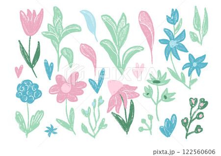 Flowers and leaves crayon drawn set. Spring tulip, daisy and marguerite doodle. Pastel colors childish floral stencil shape. Vector naive pencil illustration isolated on white background. Flowers and leaves crayon drawn set. Spring tulip, daisy and marguerite doodle. Pastel colors childish floral stencil shape. Vector naive pencil illustration isolated on white background. 122560606