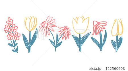 Flowers and leaves crayon drawn set. Spring tulip, daisy, chamomile and marguerite plants doodle. Vector naive pencil illustration isolated on white background. Flowers and leaves crayon drawn set. Spring tulip, daisy, chamomile and marguerite plants doodle. Vector naive pencil illustration isolated on white background. 122560608