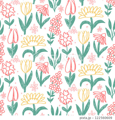 Flowers crayon drawn seamless pattern. Colorful floral allover background. larkspur, tulip and daisy stylized botany repeat cover. Surface pattern design spring motif. Vector hand drawn illustration Flowers crayon drawn seamless pattern. Colorful floral allover background. larkspur, tulip and daisy stylized botany repeat cover. Surface pattern design spring motif. Vector hand drawn illustration 122560609