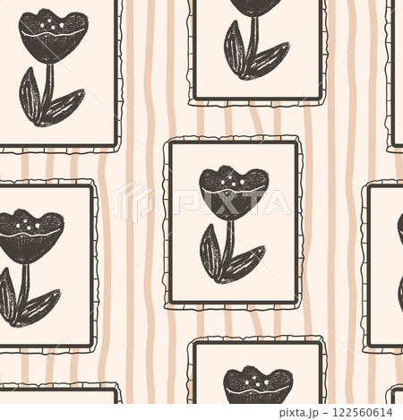 Poppy flowers seamless pattern. Linocut floral stencil on vintage frames allover background. Blocks marker drawn repeat cover. Vector hand drawn monochrome spring motif 122560614