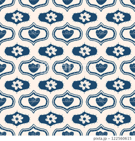 Flowers seamless pattern. Damask floral stencil allover background. Ogee poppy and daisy crayon drawn repeat cover. Surface pattern design spring motif. Vector hand drawn monochrome illustration 122560615