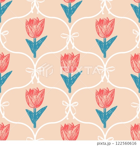 Flowers with bow crayon drawn seamless pattern. Floral coquette allover background. Damask botanic repeat backdrop. Surface pattern design spring ogee motif. Vector hand drawn illustration Flowers with bow crayon drawn seamless pattern. Floral coquette allover background. Damask botanic repeat backdrop. Surface pattern design spring ogee motif. Vector hand drawn illustration 122560616