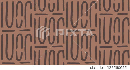 Irregular lines seamless pattern. Curved grunge stroke endless background. Wavy brown brush ink repeat cover. Tribal continuous ornament. Surface pattern monochrome. Vector hand drawn illustration 122560635