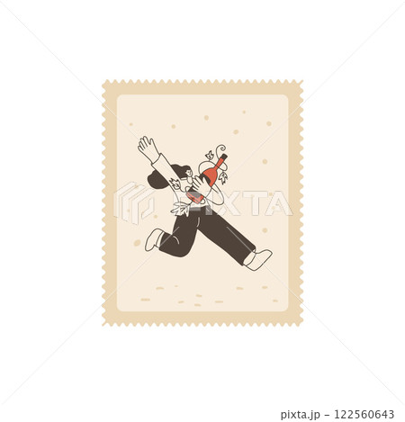 Woman run with wine bottle on postage stamp. Tasting event square perforated edges emblem. Party with alcohol drinks. Person visit a vineyard. Vector hand drawn doodle illustration Woman run with wine bottle on postage stamp. Tasting event square perforated edges emblem. Party with alcohol drinks. Person visit a vineyard. Vector hand drawn doodle illustration 122560643