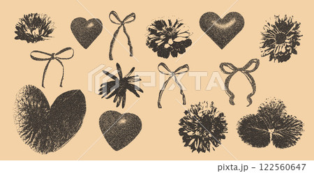 Flower and leaves photocopy collage stickers. Stippled monochrome effect florals and bows with hearts assets. Collage halftone botanical element. Vector dotted scrapbook illustration 122560647