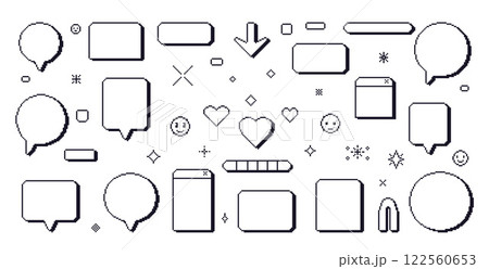 Pixel art speech bubbles. 8 bit text boxes with hearts, arrow and sparkles. Rectangle and round chat frames. Dialog balloon icons in retro 90s style. Digital message borders. Vector set illustration 122560653