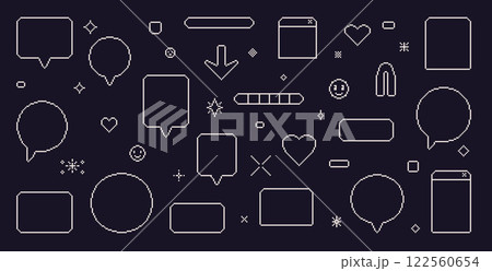 Pixel art speech bubbles. 8 bit text boxes with hearts, arrow and sparkles. Rectangle and circle line chat frames. Dialog balloon icons in retro 90s style. Digital messages. Vector set illustration 122560654