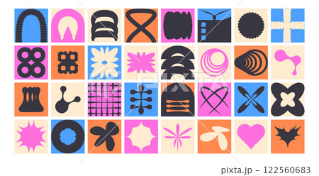 Geometric modular shapes set. Square blocks abstract brutalist elements pack. Mosaic pattern design. Neo geo vector flat collection illustration isolated on white background 122560683
