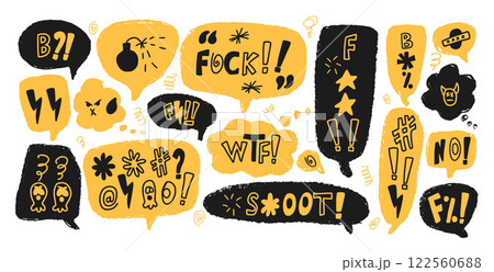 Negative emotion. Speech bubbles with swear words. Curse crayon doodle text. Bad expression on chat dialog boxes. Aggressive swearwords isolated on white background. Vector hand drawn illustration Negative emotion. Speech bubbles with swear words. Curse crayon doodle text. Bad expression on chat dialog boxes. Aggressive swearwords isolated on white background. Vector hand drawn illustration 122560688
