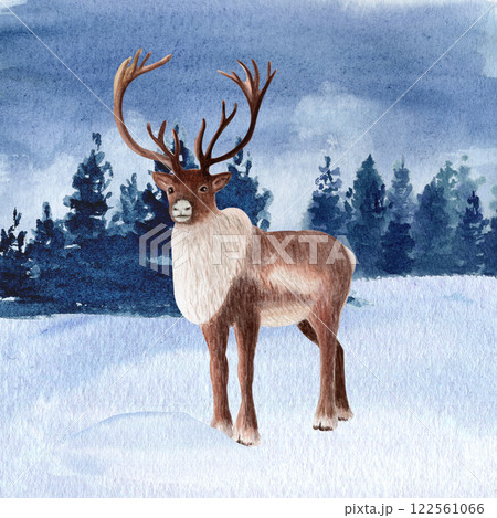 Reindeer in a snowy landscape with forest in background watercolor illustration. High quality hand drawn art perfect for cards, posters, books, home decor, for children products. Winter clip art 122561066