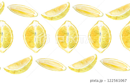 Lemon half fruit and two slices watercolor seamless horizontal border isolated on white. High quality hand drawn art for food design, recipe, cook book, packages, menu, food ads, label, logo and decor Lemon half fruit and two slices watercolor seamless horizontal border isolated on white. High quality hand drawn art for food design, recipe, cook book, packages, menu, food ads, label, logo and decor 122561067
