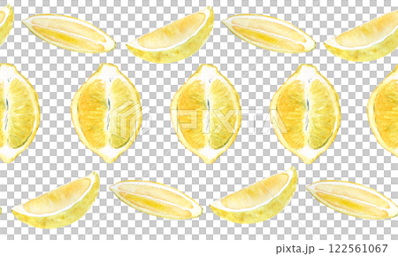 Lemon half fruit and two slices watercolor seamless horizontal border isolated on white. High quality hand drawn art for food design, recipe, cook book, packages, menu, food ads, label, logo and decor Lemon half fruit and two slices watercolor seamless horizontal border isolated on white. High quality hand drawn art for food design, recipe, cook book, packages, menu, food ads, label, logo and decor 122561067