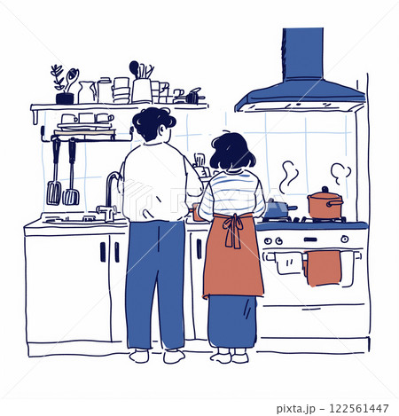 台所で仲良く料理する2人 122561447