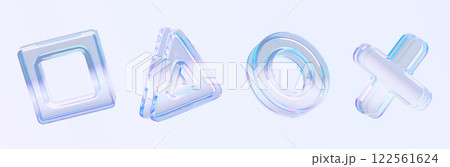 3d glass game button set. Abstract transparent geometric shapes square, triangle, circle, cross with neon light holographic gradient. Crystal render objects, isolated gamepad elements. 3D illustration 3d glass game button set. Abstract transparent geometric shapes square, triangle, circle, cross with neon light holographic gradient. Crystal render objects, isolated gamepad elements. 3D illustration 122561624