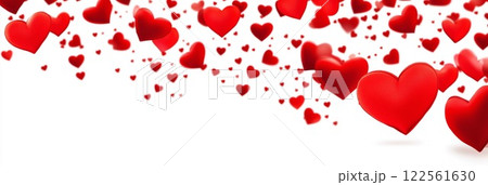 Many floating or flying red hearts isolated on white background. Valentine's Day concept, festive banner, generative ai 122561630