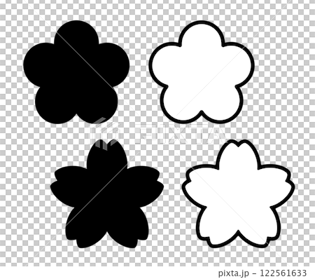 Set of illustrations of plum and cherry blossoms, copy space available, transparent background, black and white Set of illustrations of plum and cherry blossoms, copy space available, transparent background, black and white 122561633
