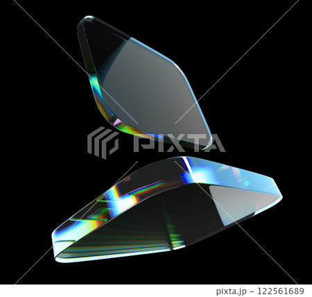 3d crystal light rainbow holographic glass square plate shapes on black background. Abstract geometric transparent cube figures, prism iridescent gradient texture, digital tech banner. 3D illustration 122561689