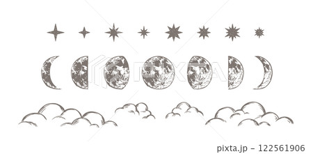 月の満ち欠け　星と雲　シンプルな手描きの天体　お洒落な装飾イラストセット　夜空 122561906