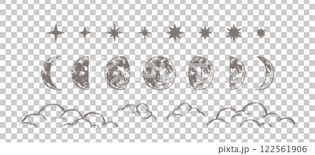 月の満ち欠け　星と雲　シンプルな手描きの天体　お洒落な装飾イラストセット　夜空 122561906