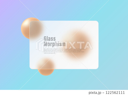 Landing page of the site in glass morphism style. Presentation panel made of transparent material with floating spheres. 122562111